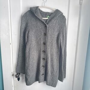 PRANA Hooded Willow Knit Longline Cardigan Flared Bell Sleeve Brass Buttons M
